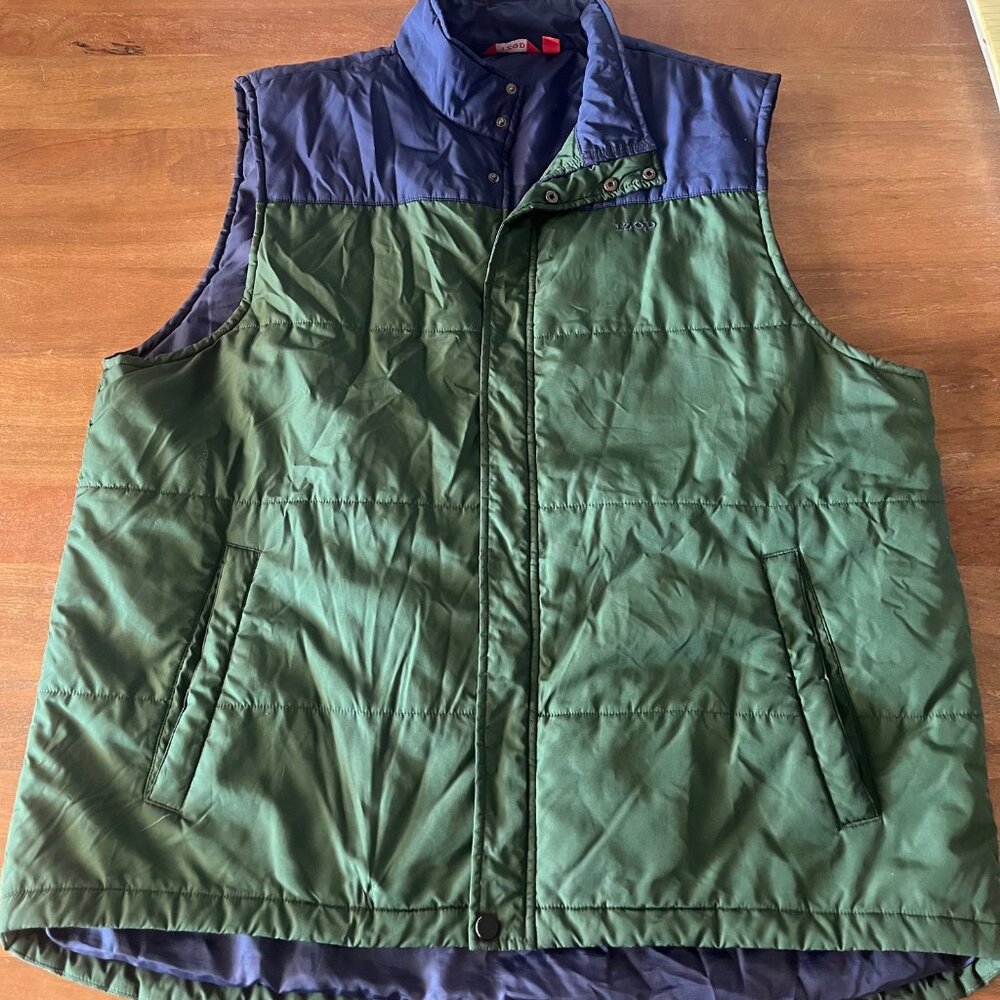 Vintage Izod Puffer Vest Color Block Blue Green Snap Button Men's XXL w/Pockets
